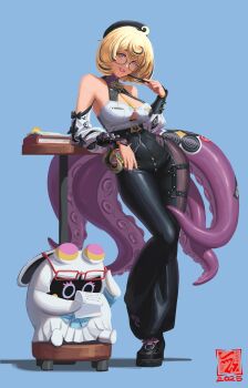 1girl absurdres adapted_costume bangboo_(zenless_zone_zero) bare_shoulders black_hat black_pants black_shoes blonde_hair blue_background breasts chaps cleavage detached_sleeves elysieee glasses grin hat highres long_sleeves looking_at_viewer monster_girl pants scylla shoes short_hair smile solo tentacles yidhari_murphy zenless_zone_zero