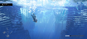 1girl absurdres artist_name asteroid_ill black_boots black_dress blonde_hair boots bubble commentary cornea_(asteroid_ill) dress fake_screenshot highres lily_pad long_hair minimap ocean original rubble ruins solo submerged sunlight swimming underwater user_interface very_long_hair wet wet_hair