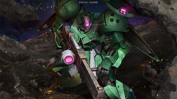 Rule 34 | asteroid, battle, beam rifle, cable, copyright logo, damaged, debris, dirty, energy gun, glowing, glowing eye, gun, gundam, gundam battle operation 2, gundam msv, highres, lens flare, logo, machinery, mecha, mecha focus, mobile suit, nebula, no humans, official art, one-eyed, painting (medium), r-jarja, realistic, rifle, robot, rs-jarja, scan, science fiction, scope, sniper rifle, space, star (sky), sunrise (company), tenjin hidetaka, traditional media, weapon