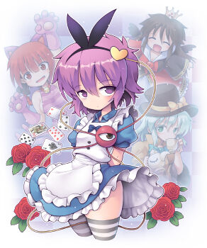 4girls :d alice_(alice_in_wonderland) alice_(alice_in_wonderland)_(cosplay) alice&#039;s_adventures_in_wonderland animal_ears animal_hands apron bell black_hair blue_dress blue_hair bow bowtie braid card cat_ears cheshire_cat_(alice_in_wonderland) cheshire_cat_(cosplay) closed_eyes cosplay cropped_legs crown cup dress drinking female_focus flower frilled_dress frills gloves hair_bow hairband hat hat_bow heart highres jingle_bell kaenbyou_rin komeiji_koishi komeiji_satori kurogarasu looking_at_viewer mad_hatter_(alice_in_wonderland) mad_hatter_(alice_in_wonderland)_(cosplay) multiple_girls open_mouth paw_gloves playing_card puffy_short_sleeves puffy_sleeves purple_eyes purple_hair queen_of_hearts_(alice_in_wonderland) queen_of_hearts_(cosplay) red_hair reiuji_utsuho ringed_eyes rose short_sleeves smile striped_clothes striped_thighhighs teacup teapot thighhighs thighs top_hat touhou wings yellow_bow