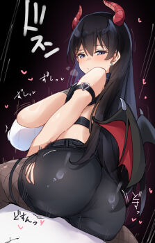 1boy 1girl alternate_costume arato_nagi ass belt black_belt black_hair black_pantyhose black_shorts breasts commentary_request covered_erect_nipples demon_girl demon_horns demon_wings earrings fishnet_pantyhose fishnets grey_eyes highres horns huge_breasts jewelry long_hair on_ground pantyhose pantyhose_under_shorts ruri_no_houseki shirt shorts sideboob solo_focus stud_earrings torn_clothes torn_shorts white_shirt wings xlyami