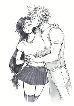 1boy 1girl alternate_costume black_hair black_thighhighs blush bra_strap breasts closed_eyes closed_mouth cloud_strife commentary couple cropped_shirt denim english_commentary feet_out_of_frame final_fantasy final_fantasy_vii final_fantasy_vii_remake hand_on_another&#039;s_shoulder hand_on_another&#039;s_waist height_difference hetero highres hug jeans kiss kissing_cheek linono long_hair looking_at_viewer low-tied_long_hair medium_breasts midriff miniskirt navel one_eye_closed pants pleated_skirt shirt short_hair short_sleeves skirt spiked_hair standing thighhighs tifa_lockhart traditional_media white_background zettai_ryouiki