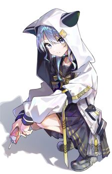 1girl animal_hood black_choker black_dress black_sailor_collar black_shirt black_shoes blue_eyes blue_hair bow bowtie cat_hood choker commentary dress drink_carton full_body highres holding holding_drink_carton holding_juice_box hololive hood hood_up hooded_jacket hoshimachi_suisei hoshimachi_suisei_(sailor) jacket juice_box loafers looking_at_viewer namonaki_yamada official_alternate_costume official_alternate_hairstyle pleated_dress raised_eyebrows sailor_collar school_uniform shadow shirt shoes slav_squatting solo squatting star_(symbol) star_in_eye symbol_in_eye virtual_youtuber white_jacket yellow_bow yellow_bowtie