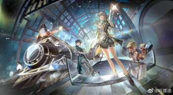 black_boots boots clock dan_heng_(honkai:_star_rail) highres honkai:_star_rail honkai_(series) looking_up ribbon sky stairs standing stelle_(honkai:_star_rail) trailblazer_(honkai:_star_rail) train window yinzinmiemie