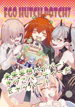 4girls absurdres ahoge black_dress blonde_hair blush breasts cake commentary_request demon_horns dress fate/grand_order fate_(series) feeding food fujimaru_ritsuka_(female) fujimaru_ritsuka_(female)_(decisive_battle_chaldea_uniform) glasses goredolf_musik green_eyes highres holding holding_spoon horns jeanne_d'arc_(fate) leonardo_da_vinci_(fate) leonardo_da_vinci_(fate/grand_order) leonardo_da_vinci_(rider)_(fate) lilith_(celebratory_attire)_(fate) lilith_(fate) mash_kyrielight mash_kyrielight_(chaldea_uniform) medium_breasts metatron_jeanne_(fate) metatron_jeanne_(second_ascension)_(fate) multiple_girls munaage olga_marie_animusphere olga_marie_animusphere_(unbeast) orange_hair pink_hair purple_hair short_hair spoon twintails white_hair