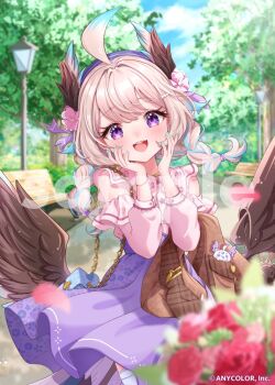 1girl :d ahoge aloupeep_(enna_alouette) aqua_nails bag bench blue_bag blue_hair blue_sky blurry blurry_background blurry_foreground blush bouquet bracelet braid brown_jacket brown_wings bush cloud collared_shirt commentary_request company_name copyright_notice day detached_sleeves earrings enna_alouette eyelashes feathered_wings fingernails floating_hair floral_print flower flower_earrings gold_bracelet gold_necklace hair_between_eyes hair_flower hair_intakes hair_ornament hair_ribbon hair_tie hands_on_own_cheeks hands_on_own_face hands_up head_wings high-waist_skirt holding holding_jacket holding_unworn_clothes jacket jewelry lamppost lens_flare light_particles long_hair long_sleeves looking_at_viewer mechanical_wings mugimugigo multicolored_hair nail_polish necklace nijisanji nijisanji_en official_art open_mouth outdoors park park_bench pink_flower pink_hair pink_rose pink_shirt pink_sleeves pleated_skirt purple_eyes purple_ribbon purple_skirt red_flower red_rose ribbon rose sample_watermark shirt shirt_tucked_in sidelocks single_mechanical_wing skirt sky sleeveless sleeveless_shirt smile solo standing streaked_hair teeth tree twin_braids unworn_jacket upper_teeth_only virtual_youtuber watermark wings