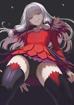 1girl absurdres agria_(tales) arm_behind_back black_background black_panties blunt_bangs commentary commission dress english_commentary freckles fur_trim grin hair_rings highres long_hair looking_at_viewer looking_down low-tied_sidelocks panties purple_eyes red_dress sidelocks smile solo sparks tales_of_(series) tales_of_xillia tantaka thighhighs underwear white_hair zipper zipper_pull_tab