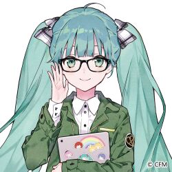 Rule 34 | 1girl, adjusting eyewear, aqua eyes, aqua hair, bespectacled, black-framed eyewear, bow, breast pocket, buttoned cuffs, buttons, closed mouth, collared shirt, commentary request, copyright notice, glasses, green jacket, grey bow, hatsune miku, heart, holding, holding tablet pc, horiizumi inko, jacket, kagamine len, kagamine rin, kaito (vocaloid), long sleeves, looking at viewer, megurine luka, meiko (vocaloid), multicolored bow, open clothes, open jacket, patch, pocket, rainbow, rectangular eyewear, shirt, shoulder patch, simple background, smile, solo, sticker, straight-on, tablet pc, twintails, upper body, vocaloid, white background