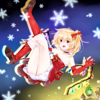 1girl alternate_costume black_choker blonde_hair boots bow breasts choker christmas christmas_tree cleavage commentary_request crystal crystal_wings dress flandre_scarlet fur-trimmed_boots fur-trimmed_gloves fur_trim gloves hair_bow high_heel_boots high_heels highres knee_boots minatsuki_yurara multicolored_wings one_side_up open_mouth panties pink_panties red_boots red_bow red_dress red_eyes red_gloves santa_costume santa_dress small_breasts snowflakes teeth touhou underwear upper_teeth_only wings