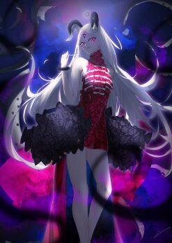 abigail_williams_(fate) abigail_williams_(celebratory_attire)_(fate) abigail_williams_(third_ascension)_(fate) absurdres aged_up alternate_breast_size_(smaller) alternate_costume alternate_eye_color alternate_hair_color bare_shoulders bow bracelet breasts colored_skin corruption dark_persona destiny123456 dress eldritch_abomination fate/grand_order fate_(series) forehead highres jewelry keyhole long_hair pale_skin parted_bangs possessed possession red_dress red_eyes small_breasts tentacles thighs third_eye very_long_hair white_hair white_skin yog-sothoth