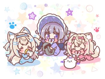 Rule 34 | 3girls, aged down, animal ear fluff, animal ears, baby bottle, blue hair, blue hairband, bonnet, bottle, brown hair, chibi, colored shadow, commentary, dog ears, dog girl, dog tail, english commentary, fake horns, fuwawa abyssgard, grey hair, hairband, hat, highres, holding, holding bottle, hololive, hololive english, horns, koseki bijou, long hair, long sleeves, mitarashi neko, moai (koseki bijou), mococo abyssgard, multicolored hair, multiple girls, onesie, pacifier, perroccino (fuwamoco), pink hair, pink hairband, purple eyes, purple hat, shadow, siblings, sisters, sitting, star (symbol), streaked hair, tail, twins, two side up, very long hair, virtual youtuber, white background