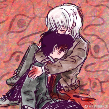 2boys abstract_background akinashi_haru black_hair blood blush brown_cardigan cardigan commentary_request disembodied_eye head_on_chest hug knees_up knife male_focus multiple_boys saihate_eki short_hair sitting sketch tatsunami_shion white_hair yingtao_zi_liaoli
