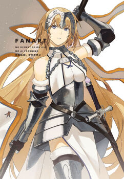 Rule 34 | 1girl, arm up, bare shoulders, battle standard, blonde hair, blue eyes, chain, couter, cowboy shot, dress, earrings, elbow gloves, expressionless, fate/grand order, fate (series), flag, fur-trimmed gloves, fur trim, gauntlets, gloves, headpiece, holding, holding flag, jeanne d'arc (fate), jeanne d'arc (ruler) (fate), jeanne d'arc (third ascension) (fate), jewelry, lidd, long hair, looking at viewer, luminosite eternelle, parted lips, plackart, solo, sword of st. catherine (fate), vambraces, very long hair, white dress