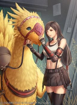 1girl anbe_yoshirou bare_shoulders bird black_bra black_hair black_skirt black_thighhighs bra breasts brown_eyes chocobo crop_top elbow_gloves elbow_pads final_fantasy final_fantasy_vii final_fantasy_vii_rebirth final_fantasy_vii_remake fingerless_gloves gloves hair_tie large_breasts long_hair low-tied_long_hair magic:_the_gathering midriff miniskirt navel official_art one_eye_closed parted_lips pleated_skirt reins saddle shirt single_elbow_pad skirt sleeveless sleeveless_shirt smile sports_bra square_enix stable suspenders thighhighs tifa_lockhart underwear white_shirt