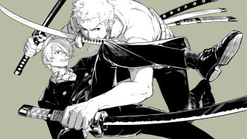 2boys absurdres cigarette commentary curly_eyebrows grey_background greyscale hair_over_one_eye highres holding holding_sword holding_weapon jennyandloiryan male_focus monochrome mouth_hold multiple_boys necktie one_piece pants roronoa_zoro sanji_(one_piece) shirt short_hair sideburns simple_background smoking sword sword_in_mouth triple_wielding weapon
