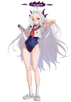 1girl ahoge blue_archive blue_one-piece_swimsuit blue_sailor_collar cellphone closed_mouth covered_navel crocs crop_top crop_top_overhang demon_girl demon_horns earphones expressionless full_body grey_hair hair_ornament hairclip halo hand_in_own_hair hashtag-only_commentary highleg highleg_one-piece_swimsuit highres hina_(blue_archive) holding holding_phone hongcasso horns light_blush long_hair looking_at_viewer multiple_horns neckerchief one-piece_swimsuit parallel_hairclips parted_bangs phone purple_eyes red_neckerchief sailor_collar shirt short_sleeves smartphone socks solo standing swimsuit very_long_hair white_shirt white_socks