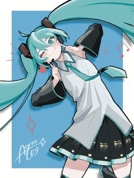Rule 34 | 1girl, absurdres, ahoge, aono leo1, aqua eyes, aqua hair, aqua nails, aqua necktie, black skirt, blue background, blush, border, closed mouth, collared shirt, commentary request, detached sleeves, eyelashes, fingernails, fingers to cheeks, grey shirt, hair between eyes, hatsune miku, headset, heart, highres, long hair, musical note, nail polish, necktie, notice lines, one eye closed, shadow, shirt, simple background, skirt, smile, solo, twintails, vocaloid, white border