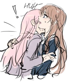 2girls absurdres bang_dream! bang_dream!_it&#039;s_mygo!!!!! blue_eyes brown_hair chihaya_anon commentary haneoka_school_uniform highres hug long_hair multiple_girls nagasaki_soyo neionzero open_mouth pink_hair school_uniform sidelocks simple_background sweatdrop tsukinomori_school_uniform white_background yuri