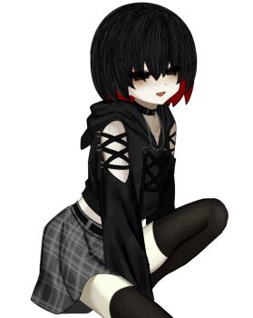 1girl :d arm_support bare_shoulders between_legs black_choker black_eyes black_hair black_hoodie black_thighhighs blush bob_cut breasts chain chain_necklace choker clothing_cutout colored_inner_hair colored_skin cropped_hoodie dot_nose drawstring empty_eyes eyeliner fang goth_fashion greyscale hair_over_eyes hand_between_own_legs highres hood hood_down hoodie jewelry knee_up lace-up looking_at_viewer makeup midriff_peek monochrome monogatari_(series) monogatari_series_shibuya109_collaboration multicolored_hair narrowed_eyes necklace on_ground open_mouth oshino_ougi pale_skin partially_colored red_eyeliner red_hair shin1kake short_hair shoulder_cutout simple_background sitting sketch skirt small_breasts smile solo thighhighs wallet_chain white_background