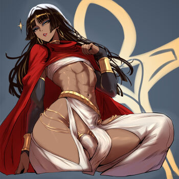 1boy ankh bellink black_hair cloak cock_ring commentary english_commentary eyeshadow flaccid highres jewelry long_hair looking_at_viewer makeup original pelvic_curtain red_cloak self-upload sex_toy shirt solo toned trap white_shirt yellow_eyes