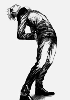 1boy clenched_teeth collared_jacket commentary_request full_body gojou_satoru greyscale hand_on_own_back highres jacket jujutsu_kaisen jujutsu_tech_uniform kuwoniagyu11112 long_sleeves male_focus monochrome pants shoes short_hair simple_background solo spiked_hair stretching teeth white_background