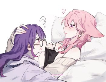 2girls ? animal_ears black_camisole camisole commentary cuddling earrings extra_ears fox_ears genshin_impact glasses hand_on_another's_head hashtag-only_commentary heart highres jewelry lipstick_mark lipstick_mark_on_face long_hair mole mole_under_eye multiple_girls nonons pink_hair purple_eyes purple_hair purple_hood raiden_shogun simple_background white_background yae_miko yuri