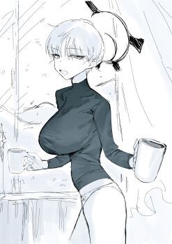 Rule 34 | 1girl, absurdres, animal print, bear print, blue archive, breasts, cup, dantyou2525, halo, highres, holding, holding cup, large breasts, looking at viewer, looking to the side, marina (blue archive), narrow waist, no pants, panties, partially colored, short hair, solo, squeans, underwear