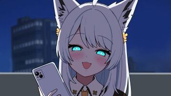 1girl ahoge animal_ear_fluff animal_ears blurry blurry_background blush braid commentary_request earrings extra_ears flower fox_ears fox_girl green_eyes hair_between_eyes hair_flower hair_ornament heart heart-shaped_eyes highres holding holding_phone hololive jewelry long_hair looking_at_viewer munlv323 night open_mouth phone shirakami_fubuki shirakami_fubuki_(11th_costume) sidelocks single_braid solo virtual_youtuber white_hair yandere