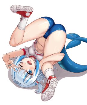 1girl ass blue_buruma blue_eyes blue_hair blue_nails blush breasts buruma cameltoe clothes_lift dot_nose eyelashes female_focus fingernails fins fish_tail full_body gawr_gura hololive long_hair looking_at_viewer lying medium_hair multicolored_hair multicolored_shoes nail_polish nico-mo on_back one_eye_closed open_mouth petite red_shirt red_shoes shark_girl shark_tail sharp_teeth shirt shirt_lift shoes sneakers socks solo spread_legs streaked_hair t-shirt tail teeth tongue two-tone_hair two-tone_shirt two-tone_shoes two_side_up upper_teeth_only upside-down virtual_youtuber white_hair white_shirt white_shoes white_socks