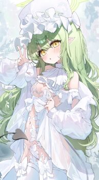 1girl absurdres alternate_costume ascot bare_shoulders black_tail blue_archive blush bow bow_thighighs breasts commentary_request cowboy_shot demon_girl demon_tail detached_sleeves dress frilled_hat frilled_sleeves frills green_hair green_halo hair_between_eyes halo hand_up hands_up hat hat_bow head_tilt highres hikari_(blue_archive) jacket kabedoru loli long_hair long_sleeves looking_at_viewer navel off_shoulder open_clothes open_jacket parted_lips pointy_ears revealing_clothes sidelocks simple_background sketch small_breasts solo standing straight_hair sweat sweatdrop tail thighhighs triangle_mouth v v-shaped_eyebrows very_long_hair very_long_tail w white_ascot white_background white_bow white_dress white_hat white_jacket white_sleeves white_thighhighs yellow_eyes zettai_ryouiki