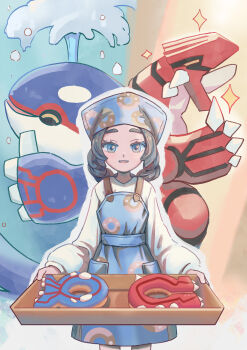 Rule 34 | 1girl, absurdres, ansha (pokemon), apron, blue apron, blue eyes, blue headscarf, character-themed food, closed eyes, commentary request, cowboy shot, crowsk, donut, donut print, eyelashes, food, food print, gen 3 pokemon, grey hair, groudon, headscarf, highres, holding, holding tray, kyogre, legendary pokemon, long sleeves, nintendo, open mouth, outline, pokemon, pokemon (creature), pokemon legends: z-a, shirt, smile, sparkle, thick eyebrows, thumbs up, tray, water, white outline, white shirt