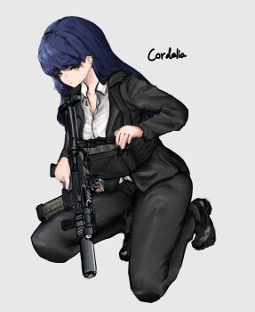1girl absurdres b&amp;t_apc bdp_lee black_jacket black_pants black_suit blue_hair breasts business_suit collared_shirt commentary english_commentary formal_clothes gun highres holding holding_gun holding_weapon jacket magazine_(weapon) original pant_suit pants scope shirt submachine_gun suit suit_jacket suppressor tactical_clothes trigger_discipline weapon white_shirt yellow_eyes