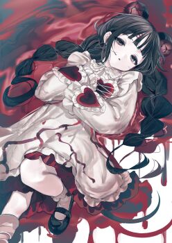 1girl absurdres ambiguous_red_liquid animal_ears black_hair black_shoes blunt_bangs braid braided_twintails collared_dress commentary_request commission dress frilled_dress frilled_shirt_collar frills full_body grey_eyes hands_on_own_chest highres knee_up long_hair long_sleeves looking_at_viewer lying mary_janes mouse_ears mouse_girl on_back original parted_lips shoes skeb_commission socks solo suimin_(sui_0y0) twintails white_dress white_socks