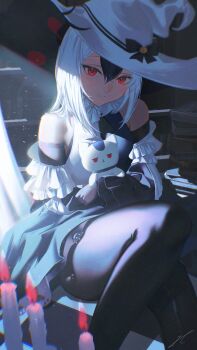 1girl alternate_hairstyle bare_shoulders black_hair black_pantyhose blue_archive blue_skirt blush closed_mouth clothing_cutout demon_girl demon_horns doll hair_down hat highres holding holding_doll horns kayoko_(blue_archive) looking_at_viewer official_alternate_costume pantyhose red_eyes shirt shoulder_cutout sitting skirt smile solo stuffed_animal stuffed_toy white_hair white_hat white_shirt witch_hat xi-u