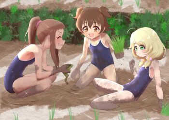 3girls :d absurdres akagi_miria blonde_hair blue_one-piece_swimsuit breasts brown_eyes brown_hair character_request child closed_eyes covered_navel day e_sen_a1000 green_eyes highres idolmaster idolmaster_cinderella_girls koseki_reina long_sidelocks mud multiple_girls one-piece_swimsuit open_mouth outdoors ponytail school_swimsuit short_hair sidelocks sitting small_breasts smile swimsuit yusa_kozue