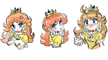 Rule 34 | 1girl, anger vein, blue eyes, brown hair, crossed arms, crown, dress, earrings, flower earrings, gloves, highres, jewelry, long hair, mario (series), multiple views, nintendo, open mouth, orange dress, princess daisy, puffy short sleeves, puffy sleeves, rakugaki shitagari-ya, short sleeves, simple background, sweat, white background, white gloves