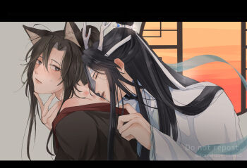 2boys ahoge animal_ears bare_shoulders bishounen black_eyes black_hair black_hanfu blue_shawl blush brown_hair chinese_clothes closed_eyes clothes_grab couple dragon_boy dragon_horns eastern_dragon_horns fox_boy fox_ears hair_ribbon hand_on_another's_chin hanfu headband hickey highres horns kemonomimi_mode kiss kissing_neck koma_hase lan_wangji lattice letterboxed long_hair looking_back male_focus messy_hair modao_zushi multiple_boys off_shoulder parted_lips ponytail red_ribbon ribbon shawl sidelocks sweat topknot twitter_username undressing_another upper_body watermark wei_wuxian white_hanfu white_headband window xiao_guan_(headdress) yaoi