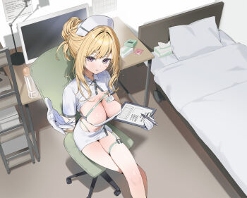 1girl absurdres bed bed_sheet blonde_hair breasts chair cleavage cleavage_cutout clipboard clothing_cutout collared_shirt condom condom_wrapper crop_top crossed_legs desk desk_lamp from_above gloves hat highleg highres holding holding_clipboard indoors itohana lamp large_breasts long_hair looking_at_viewer lube midriff miniskirt monitor navel nurse nurse_cap original panty_straps parted_lips pillow purple_eyes shirt short_sleeves sitting skindentation skirt solo swivel_chair thigh_strap thighs white_gloves white_hat white_shirt white_skirt