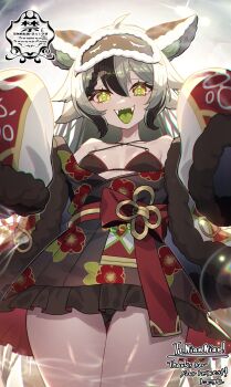 1girl ahoge animal_ear_fluff animal_ears bilingual_commentary black_kimono black_streaks breasts colored_tongue commentary commission cowboy_shot english_commentary fangs frilled_kimono frills green_tongue grey_hair hair_between_eyes highres japanese_clothes kimono long_hair long_sleeves looking_at_viewer mask mask_on_head matsumoto_tomoyohi medium_breasts mixed-language_commentary multicolored_hair open_mouth original sharp_teeth short_kimono skeb_commission sleep_mask smile solo streaked_hair teeth thighs upper_teeth_only yellow_eyes