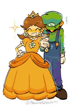 1boy 1girl artist_name couple crown dress embarrassed facial_hair green_hat green_shirt grin hat highres holding_hands luigi mario_(series) mustache nintendo pleasure2death princess_daisy shirt shy signature smile twitter_username yellow_dress