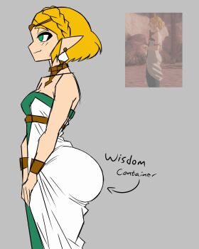 ass badjujuarts blonde_hair dress evil_container_(meme) jewelry meme nintendo princess princess_zelda reference_inset short_hair the_legend_of_zelda the_legend_of_zelda:_tears_of_the_kingdom white_dress