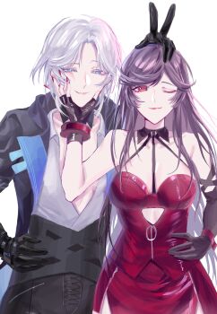 Rule 34 | 2girls, 3619580635, chinese commentary, commentary request, cowboy shot, dress, gloves, grabbing another's face, hand on own hip, head grab, highres, multiple girls, one eye closed, path to nowhere, plunging neckline, pricilla (path to nowhere), shirt, standing, tetra (path to nowhere), white background