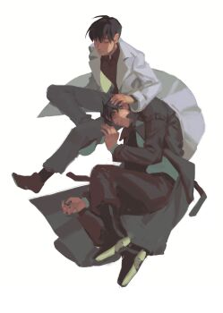 Rule 34 | 2boys, black coat, black hair, black shirt, closed eyes, coat, commentary, curled up, english commentary, figure four sitting, full body, hand on another's head, highres, kim dokja, lap pillow, lying, male focus, multiple boys, nemomosso, omniscient reader's viewpoint, on side, open clothes, open coat, shirt, short hair, sitting, white coat, yaoi, yoo joonghyuk