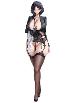 Rule 34 | 1girl, absurdres, black bra, black garter belt, black hair, black jacket, black shoes, black thighhighs, blush, bra, breasts, chinese commentary, commentary request, convenient censoring, earrings, full body, garter belt, highres, holding, holding panties, holding underwear, holding unworn clothes, id card, jacket, jewelry, large breasts, lingerie, long sleeves, looking at viewer, mole, mole on breast, original, panties, parted lips, purple eyes, shirt, shoes, shuiruoqing, simple background, smile, solo, standing, thighhighs, thighs, underwear, unworn bra, unworn panties, unworn shirt, variant set, white background, white shirt
