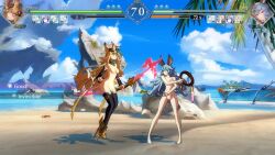 2girls 3d animal_ears animated beach blue_hair bow breasts brown_hair erune ferry_(granblue_fantasy) fighting granblue_fantasy granblue_fantasy_versus:_rising highres metera_(granblue_fantasy) multiple_girls nipples nude nude_filter nude_mod outdoors sound tagme third-party_edit video weapon whip