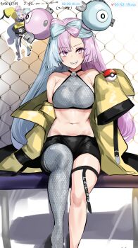 1girl absurdres agetama bare_shoulders bench bike_shorts black_shorts blue_hair blush bow-shaped_hair breasts chain-link_fence character_hair_ornament commentary_request completion_time crop_top fence grey_pantyhose grey_sports_bra grin hair_ornament highres iono_(pokemon) jacket long_hair long_sleeves looking_at_viewer medium_breasts multicolored_hair nintendo off_shoulder official_art_inset pantyhose pink_hair poke_ball poke_ball_(basic) pokemon pokemon_scarlet_and_violet purple_eyes sharp_teeth shorts single_leg_pantyhose sitting sleeves_past_fingers sleeves_past_wrists smile solo split-color_hair sports_bra teeth thigh_strap thighs twintails two-tone_hair yellow_jacket