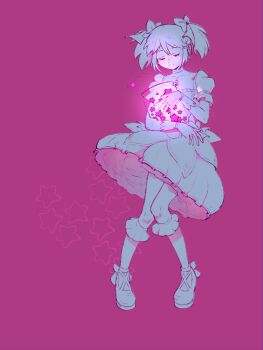 1girl ankle_ribbon ankle_strap blush bobby_socks bow bubble_skirt center_frills chest_jewel choker choppy_bangs chromatic_aberration closed_eyes closed_mouth collarbone cross-laced_shoes doily dot_nose double-parted_bangs emphasis_lines eyelashes facing_viewer falling frilled_sleeves frills full_body gem gloves glowing hair_between_eyes hair_bow halftone happy highres holding holding_jar hugging_object jar kaname_madoka kaname_madoka_(magical_girl) knees_together_feet_apart leg_ribbon light_blush lineart mahou_shoujo_madoka_magica mahou_shoujo_madoka_magica_(anime) mary_janes mokitou monochrome nose_blush petticoat pink_background pink_gemstone pink_theme puffy_short_sleeves puffy_sleeves ribbon shoes short_sleeves short_twintails sidelocks simple_background skirt smile socks solo soul_gem spot_color square_neckline star_(symbol) star_symbol_background twintails