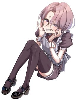 1girl absurdres apron arimura_mao black_shirt black_shoes black_thighhighs blush dondobi frilled_apron frills gakuen_idolmaster glasses grin highres idolmaster looking_at_viewer pink_hair puffy_short_sleeves puffy_sleeves purple_eyes round_eyewear shirt shoes short_hair short_sleeves shorts simple_background sitting smile solo thighhighs white_apron white_background