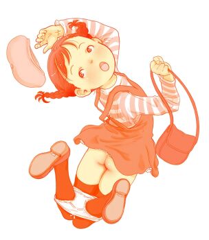 1girl ass bag beret blush braid character_request copyright_request dress female_focus handbag hat jumping loli long_sleeves md5_mismatch monochrome open_mouth panties panties_around_ankles panty_pull red_theme riarutoruchokku shirt shoes simple_background solo striped_clothes striped_shirt thighhighs twin_braids underwear unworn_headwear white_background