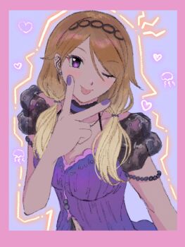 Rule 34 | 1girl, ;p, absurdres, black hairband, blonde hair, border, breasts, brown hair, cleavage, dark-skinned female, dark skin, earrings, gradient hair, hairband, hand up, heart, highres, idolmaster, idolmaster shiny colors, izumi mei, jewelry, long hair, looking at viewer, low twintails, multicolored hair, nail polish, one eye closed, pink border, purple eyes, purple nails, purple shirt, shirt, smile, solo, subro, tongue, tongue out, twintails, upper body, v, v over mouth